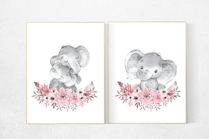 Nursery decor girl boho, elephant nursery wall art, nursery decor girl floral, nursery decor girl woodland, floral nursery, boho nursery