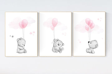 Nursery decor bear, bear nursery print,  teddy bear, pink grey nursery, nursery wall art animals, girl room decor, baby girl nursery decor
