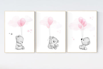Nursery decor girl, nursery decor bear, bear nursery print, teddy bear, pink grey nursery, nursery wall art animals, girl room decor