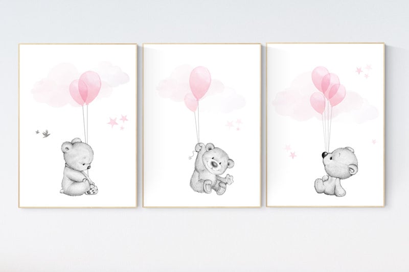 Nursery decor girl, nursery decor bear, bear nursery print, teddy bear, pink grey nursery, nursery wall art animals, girl room decor