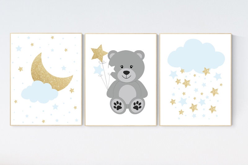 Blue gold nursery, nursery decor boy, teddy bear, cloud nursery, blue and gold, cloud and stars, bear nursery decor, nursery wall art boy