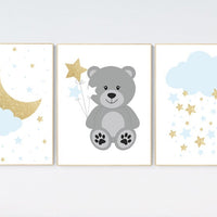 Blue gold nursery, nursery decor boy, teddy bear, cloud nursery, blue and gold, cloud and stars, bear nursery decor, nursery wall art boy