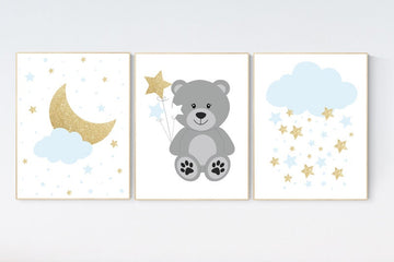 Blue gold nursery, nursery decor boy, teddy bear, cloud nursery, blue and gold, cloud and stars, bear nursery decor, nursery wall art boy