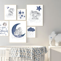 Nursery decor boy elephant, nursery wall art boy, navy Blue, moon and stars, navy nursery, boy nursery decor, elephant nursery art, star