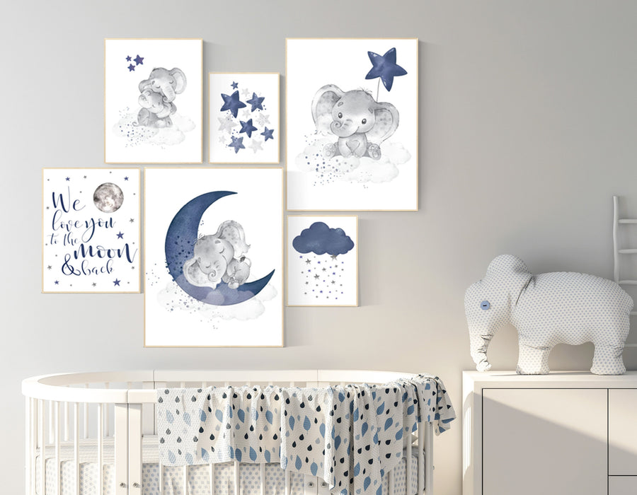 Nursery decor boy elephant, nursery wall art boy, navy Blue, moon and stars, navy nursery, boy nursery decor, elephant nursery art, star