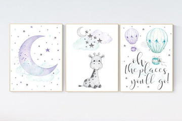 Nursery decor girl giraffe, nursery decor girl purple, hot air balloon, purple mint, lavender, nursery decor girl lilac mint, aqua nursery