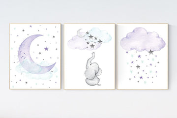 Nursery decor elephant, Nursery decor girl purple, moon and stars, purple mint, lavender, girl nursery decor giraffe, cloud and stars