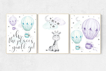 Nursery decor girl giraffe, nursery decor girl purple, hot air balloon, purple mint, lavender, nursery decor girl lilac mint, turquoise aqua