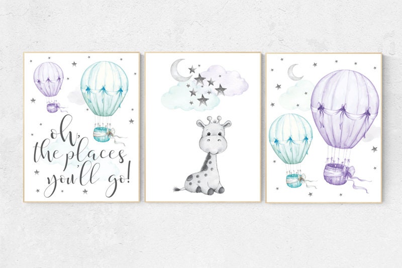 Nursery decor girl giraffe, nursery decor girl purple, hot air balloon, purple mint, lavender, nursery decor girl lilac mint, turquoise aqua