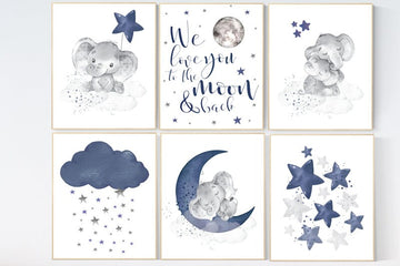 Navy blue nursery wall art, Nursery decor boy elephant, nursery wall art boy, moon and stars, we love you to the moon and back, navy room