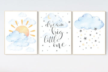 Nursery decor clouds, sunshine nursery, gender neutral nursery wall art, dream big little one, sun, cloud, baby room decor, blue yellow