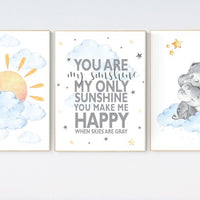 Nursery decor elephant, sunshine nursery, gender neutral nursery wall art, you are my sunshine, sun, cloud, baby room decor, blue yellow
