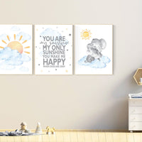 You are my sunshine, Nursery decor elephant, blue yellow, sunshine nursery, gender neutral nursery wall art, , sun, cloud, baby room decor