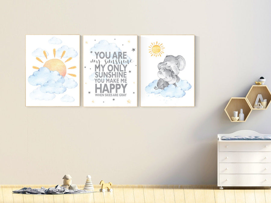 You are my sunshine, Nursery decor elephant, blue yellow, sunshine nursery, gender neutral nursery wall art, , sun, cloud, baby room decor