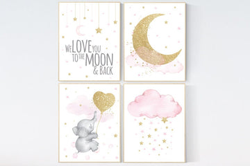 Nursery decor girl elephant, pink and gold nursery, we love you to the moon and back, pink nursery art, cloud and stars, baby room decor