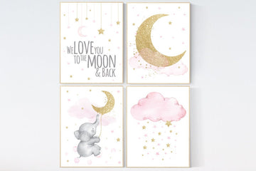 Nursery decor girl elephant, pink and gold nursery, we love you to the moon and back, pink nursery art, cloud and stars, baby room decor