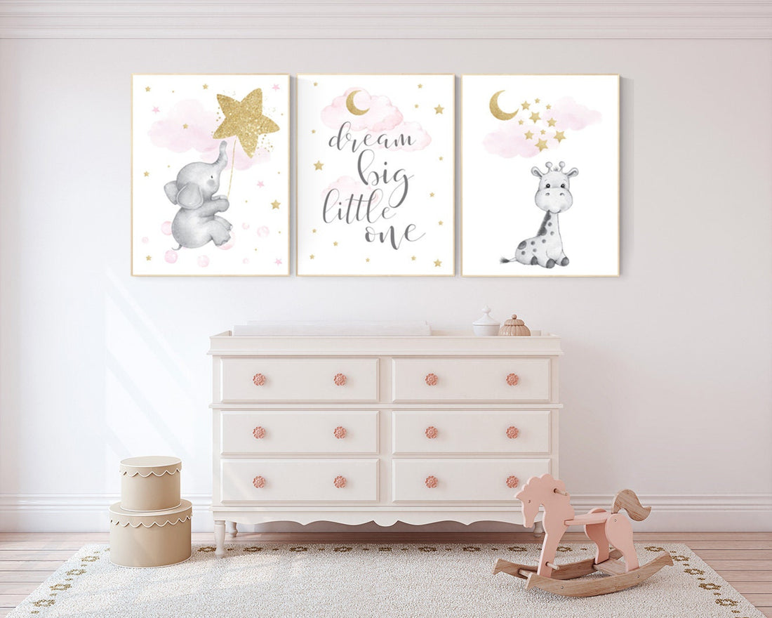 Nursery wall art girl, giraffe nursery, baby room decor girl gold and pink, dream big little one, cloud and stars, elephant nursery wall art