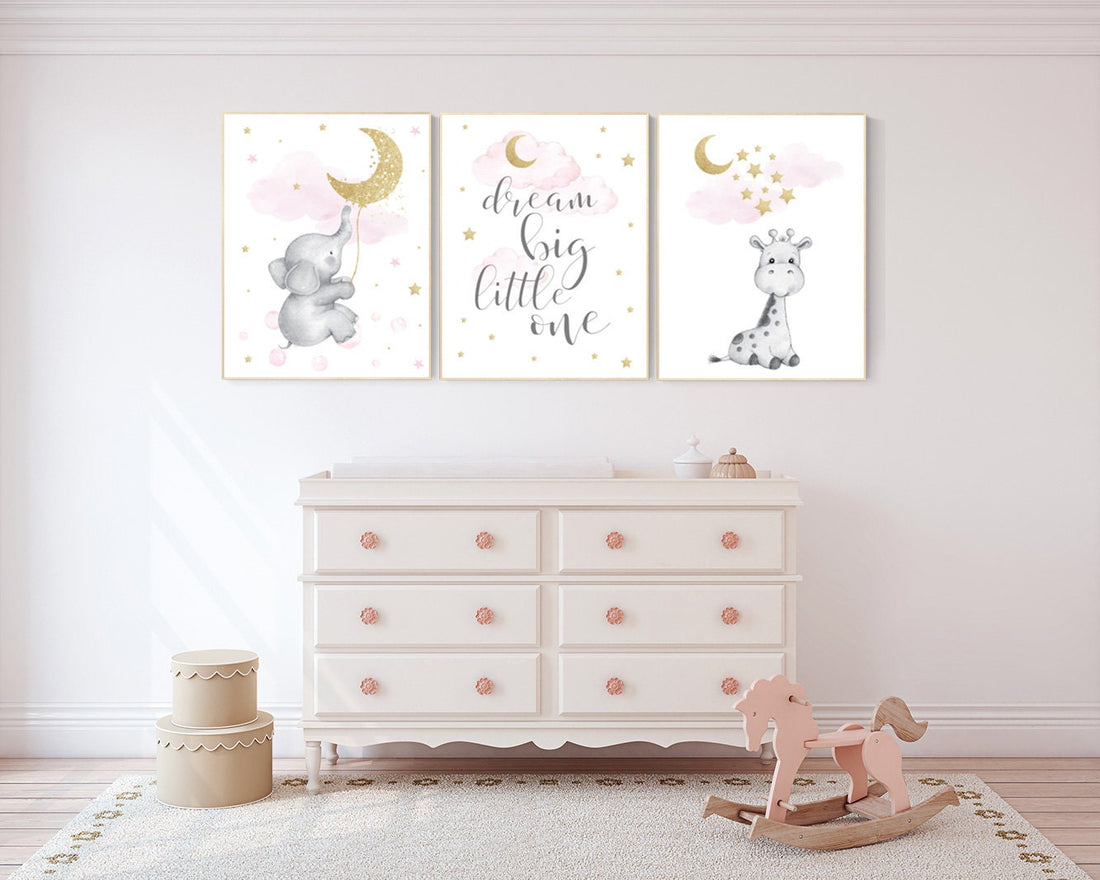 Nursery wall art girl giraffe , baby room decor girl gold and pink, dream big little one, cloud and stars prints, elephant nursery wall art