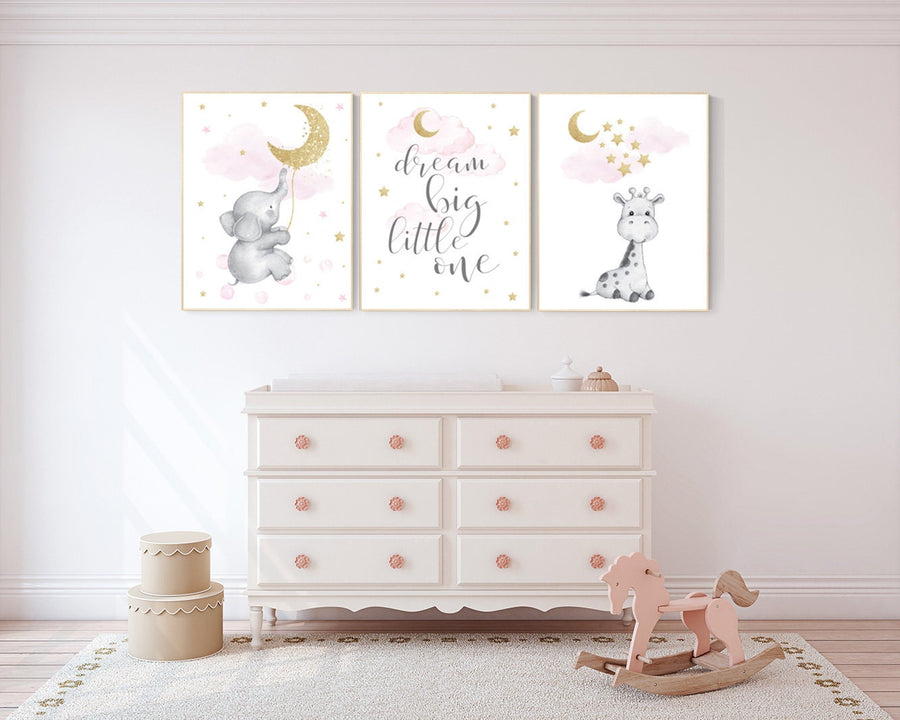 Nursery wall art girl giraffe , baby room decor girl gold and pink, dream big little one, cloud and stars prints, elephant nursery wall art