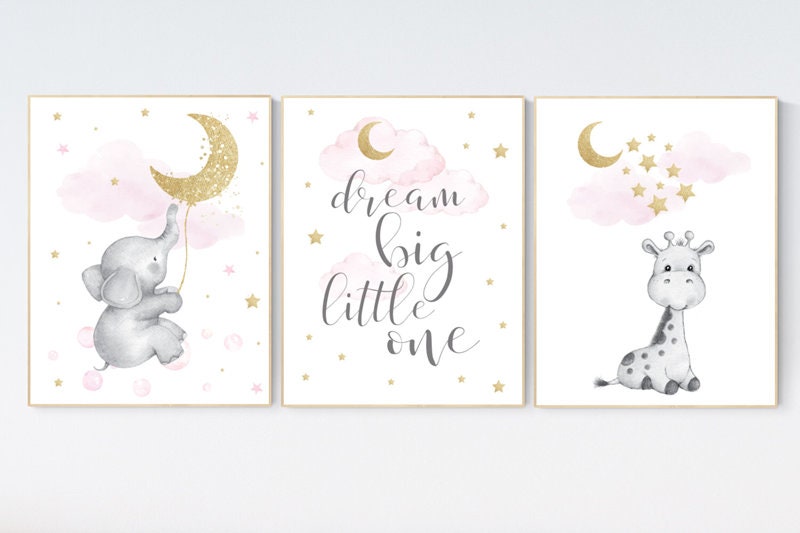 Nursery wall art girl giraffe , baby room decor girl gold and pink, dream big little one, cloud and stars prints, elephant nursery wall art
