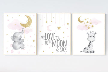 Nursery decor girl, giraffe nursery, baby room decor girl gold and pink, girl nursery decor, cloud and stars, elephant nursery wall art