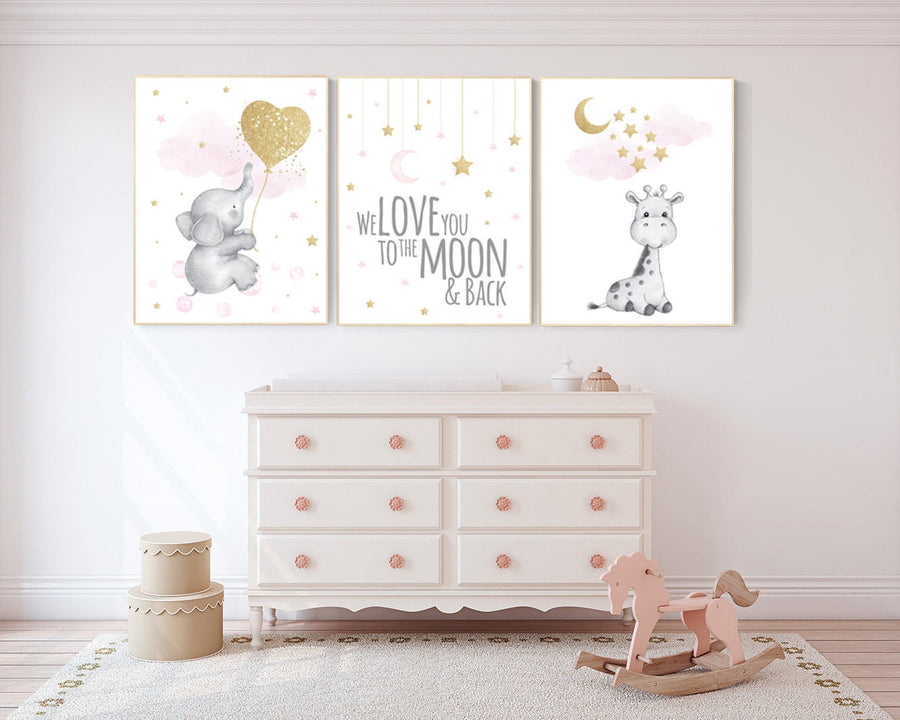 Nursery decor girl elephant, giraffe nursery, baby room decor girl gold and pink, girl nursery decor, cloud and stars, elephant nursery