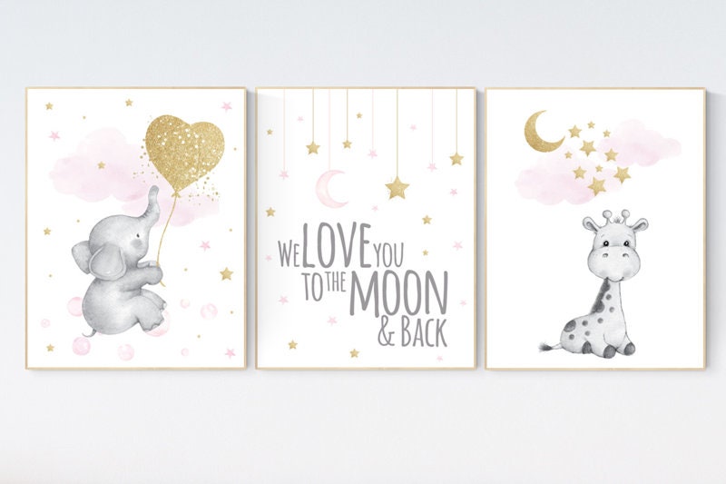 Nursery decor girl elephant, giraffe nursery, baby room decor girl gold and pink, girl nursery decor, cloud and stars, elephant nursery