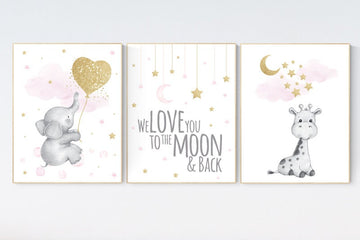 Nursery decor girl elephant, giraffe nursery, baby room decor girl gold and pink, girl nursery decor, cloud and stars, elephant nursery
