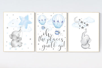 Nursery decor elephant, Nursery decor boy hot air balloon, boy nursery decor, oh the places you'll go, blue and gray nursery, elephant