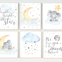 Nursery wall art elephant, nursery decor hot air balloons, cloud nursery decor, Nursery decor neutral, moon and stars nursery gender neutral