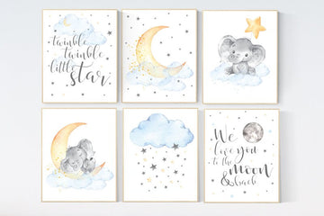 Nursery wall art elephant, nursery decor hot air balloons, cloud nursery decor, Nursery decor neutral, moon and stars nursery gender neutral