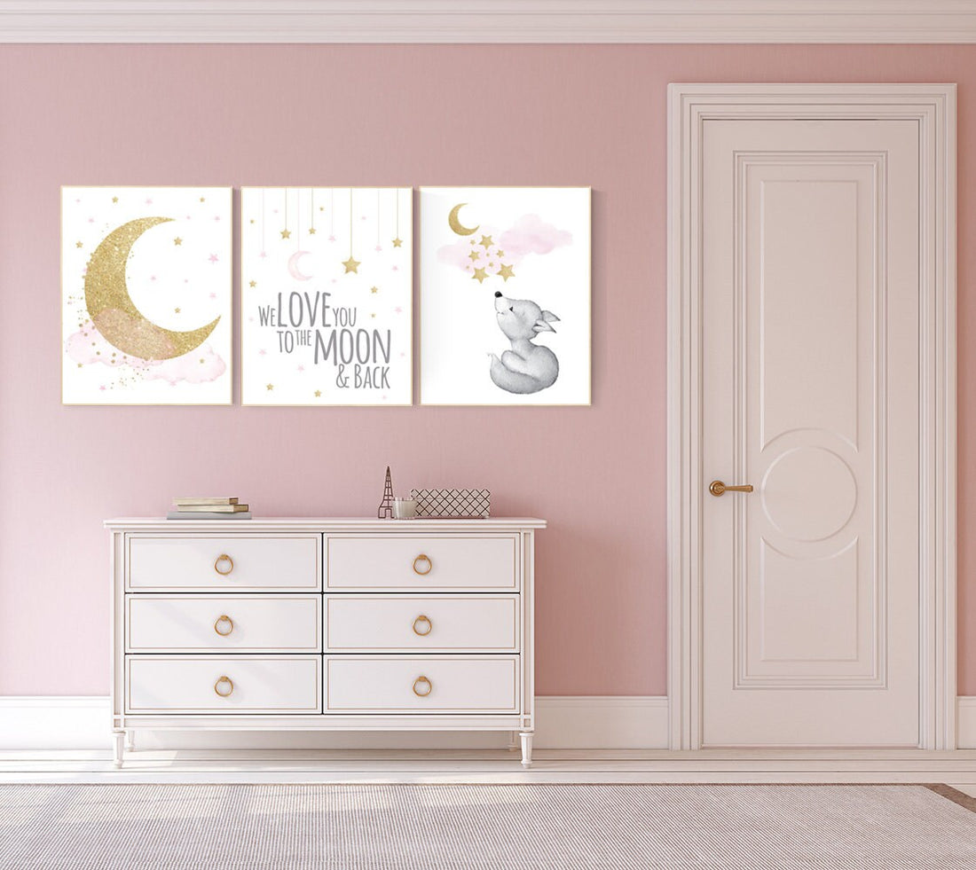 Nursery decor girl fox, nursery decor woodland, pink and gold, nursery prints animals, fox nursery decor, we love you to the moon and back
