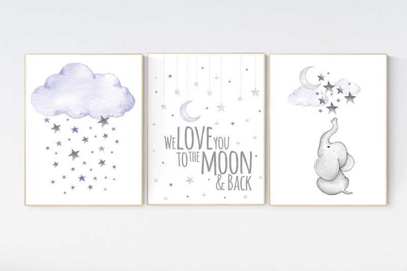 Nursery decor girl purple, lilac nursery decor, nursery decor girl elephant, cloud and stars nursery wall art, nursery prints girl, lavender