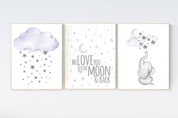 Nursery decor girl purple, lilac nursery decor, nursery decor girl elephant, cloud and stars nursery wall art, nursery prints girl, lavender