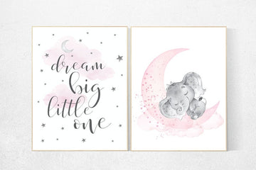 Nursery decor girl elephant, nursery wall art quotes, girl room wall art, pink and gray, moon and stars nursery, dream big little one