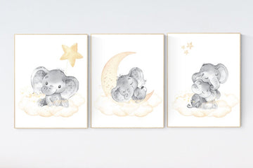 Nursery wall art neutral, nursery wall art elephant, cloud and stars, gender neutral, baby room decor, elephant balloon, baby room wall  art