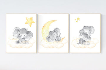 Nursery wall art neutral, nursery wall art elephant, cloud and stars, gender neutral, baby room decor, elephant balloon, yellow nursery