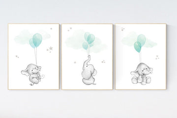 Nursery decor elephant, gender neutral nursery decor, nursery wall art animals, elephant balloon print, aqua nursery decor, turquoise, mint