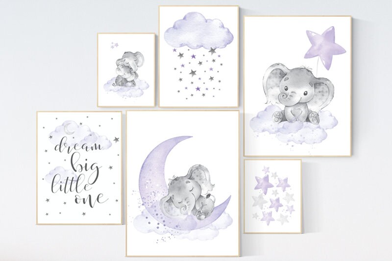 Nursery decor girl purple, lilac nursery decor, nursery decor elephant girl, moon and stars, nursery prints girl, lavender, star nursery