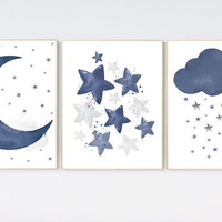 Navy nursery decor, cloud and stars, moon and stars, navy blue nursery art. baby room wall art, boy nursery decor, set of 3, nursery art