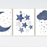 Navy nursery decor, moon, cloud and stars, nursery decor boy, navy blue nursery art, baby room wall art, boy nursery decor, set of 3