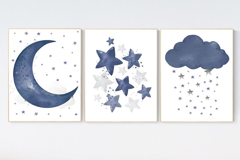 Navy nursery decor, moon, cloud and stars, nursery decor boy, navy blue nursery art, baby room wall art, boy nursery decor, set of 3