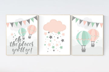 Coral mint nursery, Mint pink nursery, Oh the places you'll go, Baby girl nursery decor, nursery decor girls, mint pink wall art