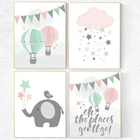 Coral mint nursery, Mint pink nursery, Oh the places you'll go, Baby girl nursery decor, nursery decor girls, mint pink wall art