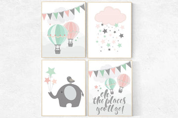 Coral mint nursery, Mint pink nursery, Oh the places you'll go, Baby girl nursery decor, nursery decor girls, mint pink wall art