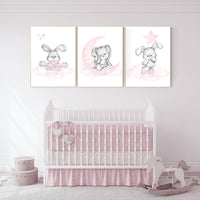 Nursery decor girl bunny, bunny print set, pink and gray nursery, rabbit nursery decor, girl nursery, bunny art, Bunny print nursery