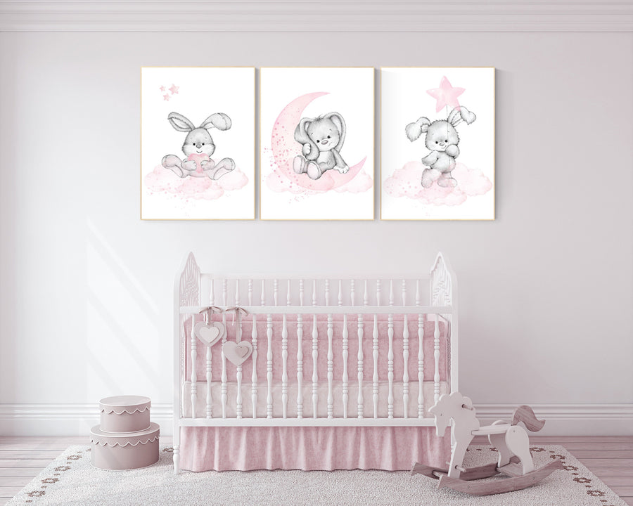 Nursery decor girl bunny, bunny print set, pink and gray nursery, rabbit nursery decor, girl nursery, bunny art, Bunny print nursery