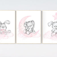 Nursery decor girl bunny, bunny print set, pink and gray nursery, rabbit nursery decor, girl nursery, bunny art, Bunny print nursery