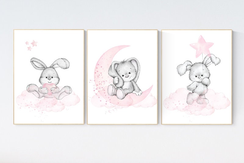 Nursery decor girl bunny, bunny print set, pink and gray nursery, rabbit nursery decor, girl nursery, bunny art, Bunny print nursery