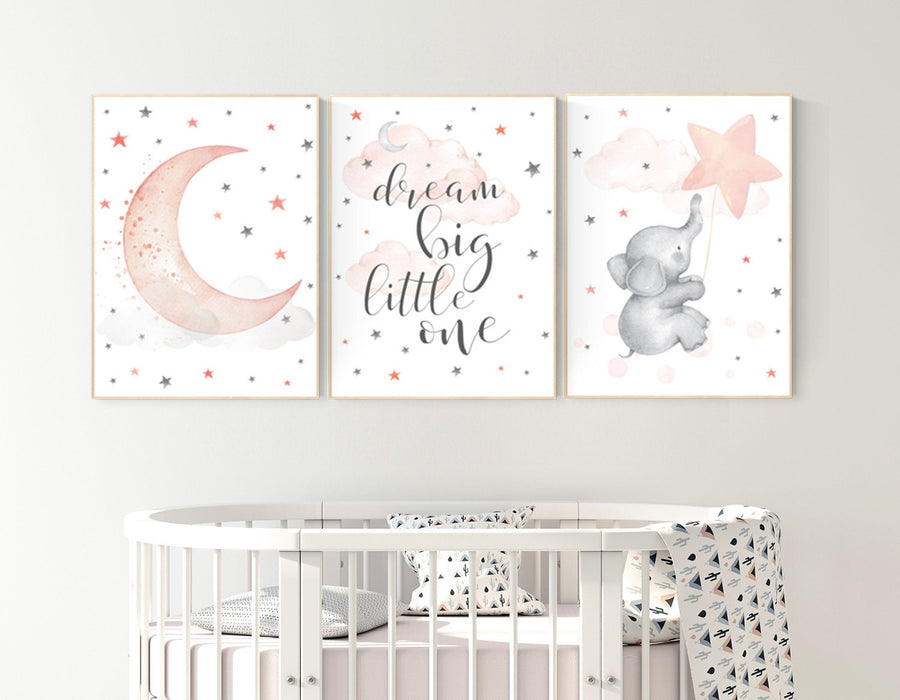Nursery decor elephant, Nursery decor girl coral, dream big little one, cloud and stars, moon and stars nursery, coral and gray nursery